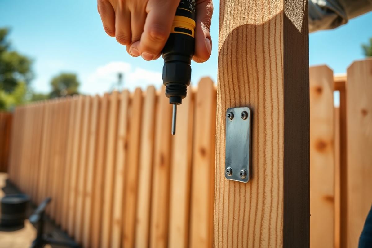 Expert fence craftsman installing a wooden post bracket with precision tools