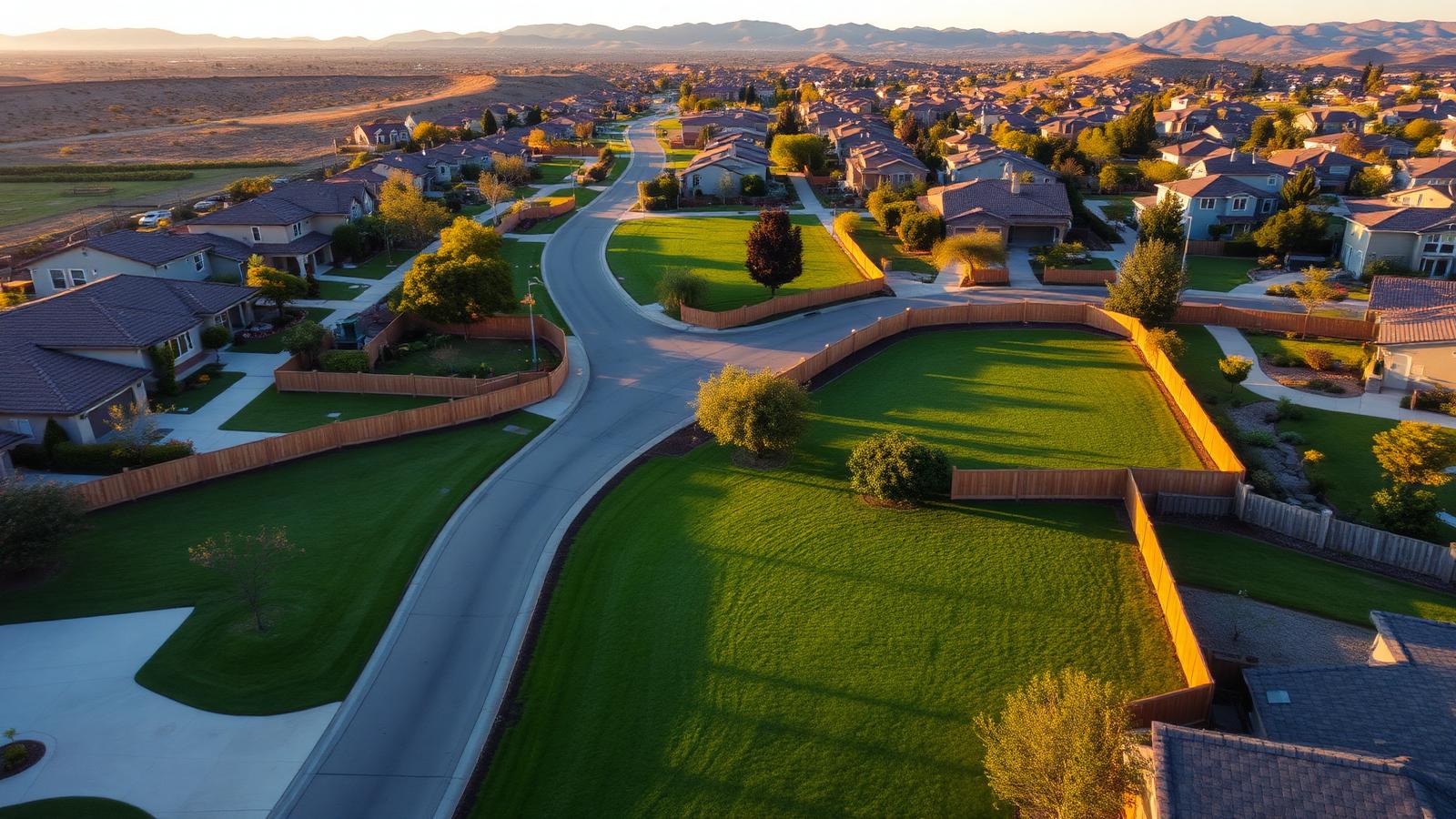 Aerial view of a California neighborhood with beautiful fences
